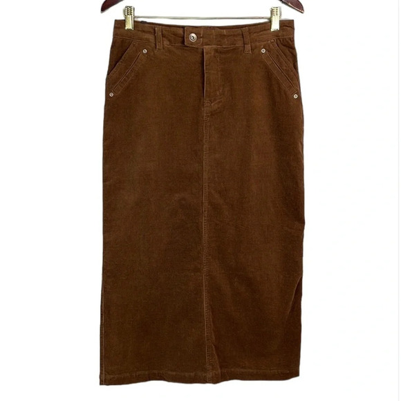 COTTON GINNY Y2K Brown Midi Skirt Corduroy Back Slit Pockets Cotton Spandex 5 - Picture 2 of 12